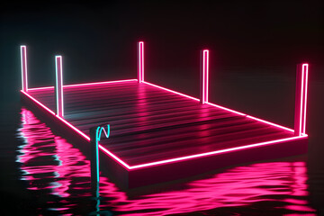 Neon outline of beach dock with shimmering pink and turquoise lights isolated on black background.