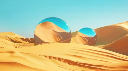 Foto op Plexiglas Abstract geometric shapes with round mirror shapes among sand dunes in the desert. Monochromatic wallpaper with a modern minimalist aesthetic. © Mark