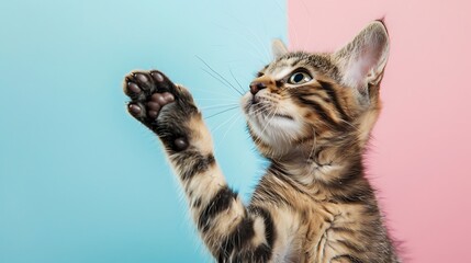 Portrait of a purebred kitten rising his paw up on pink and blue background