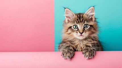 Portrait of Siberian kitten on pink and blue background
