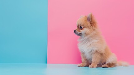 Fototapeta na wymiar Puppy Pomeranian beige side view on pink and blue background