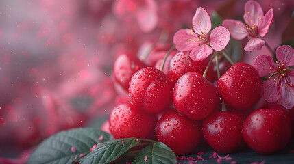 A photo of plump cherries, with vibrant pink blossoms as the background, during a springtime fruit bloom
