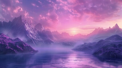 3D render, abstract panoramic background with lake, mountains and pink violet sunset sun. Mystical horizontal wallpaper. - obrazy, fototapety, plakaty