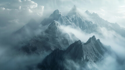 Majestic mountain range rising above a dense fog, creating an ethereal atmosphere. - obrazy, fototapety, plakaty