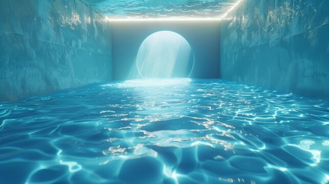 A 3D render depicts a blue swimming pool with clear water and caustic underwater lighting