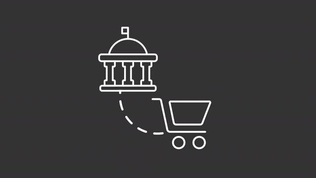 G2B ecommerce white line animation. Regulation legislation animated icon. Rolling wheels, floor raise. Isolated illustration on dark background. Transition alpha video. Motion graphic