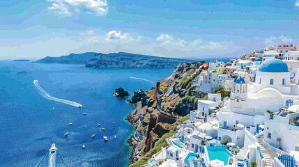 Scenic santorini island daytime panorama  fira and oia towns overlooking cliffs in greece - obrazy, fototapety, plakaty