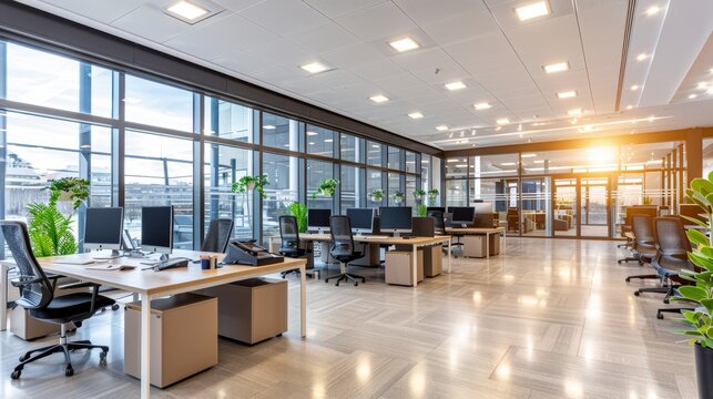 Sleek modern office with glass partition and stylish white floor for contemporary workspace