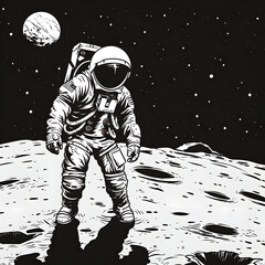 Monochromatic astronaut drawing. Black and white skech.