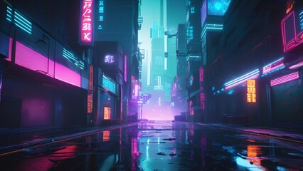 abstract background for a cyberpunk-inspired game blending gritty urban landscapes with neon lights digital artifacts and glitch effects to create a dystopian atmosphere