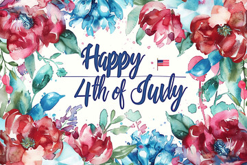 An elegant greeting card featuring "Happy 4th of July" written in script, surrounded by watercolor flowers in red, white, and blue, with a subtle flag motif in the corner,