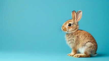 Side view of cute baby rabbit standing on blue background
