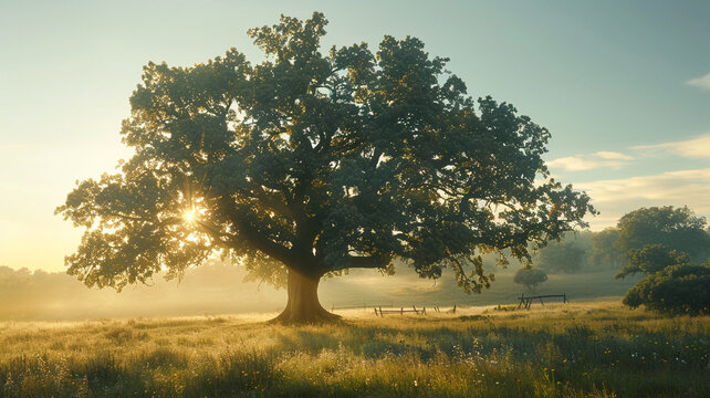 Majestic oak tree standing tall in a sunlit meadow.