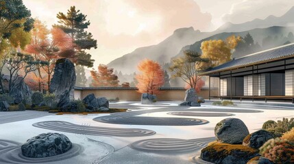 A painting of a japanese stones garden with rocks and trees, AI