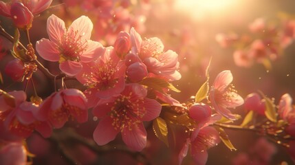 A close up of a bunch of pink flowers on the branch, AI