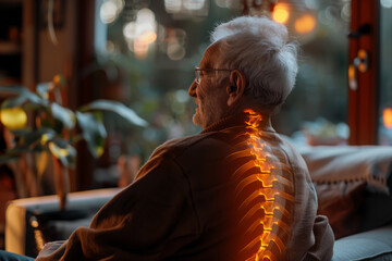 Back problem in the elderly, back pain, spine highlighted in red in the affected area