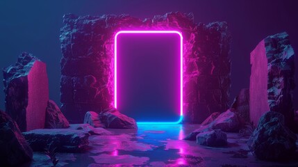 3D render of colorful square arch with stone ruins and abstract neon background.