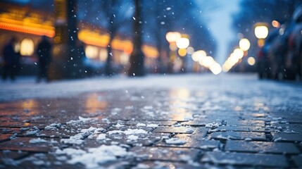 Snowfall on the street in the city at night. Blurred background