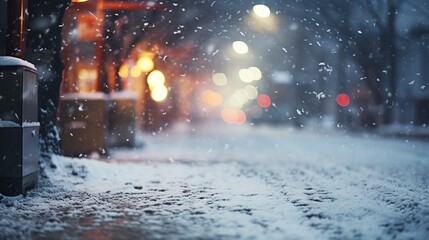 Snowfall in the city. Blurred background. Shallow depth of field.