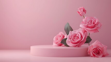Empty podium with pink rose flowers on pink background to display products gift or cosmetics