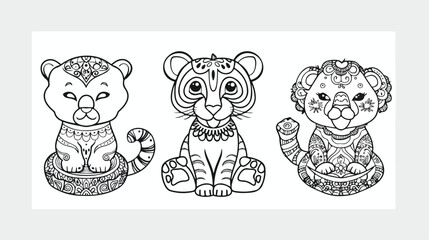 Cute animals mandala coloring page on white background