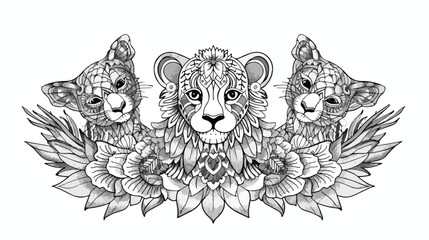 Cute animals mandala coloring page on white background