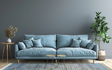 3D rendering of a simple living room interior with a light blue sofa and two side tables against a gray wall, in the style of a mock up for presentation design