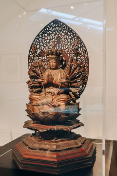 Nice, France - 19 November 2023 : Thousand-armed Kannon (Senju Kannon), from Japan, late 16th century or early 17th century, Azuchi Momoyama period or early Edo period. Painted and gilded wood