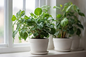 Plants in pots on the windowsill. Home gardening concept.