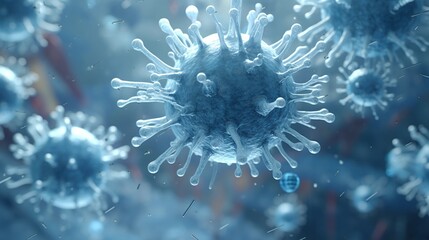 Microscopic view of influenza virus cells. 3D medical illustration - obrazy, fototapety, plakaty