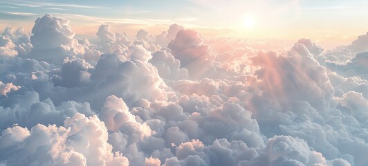 fluffy clouds shone with sunlight from above. Sunny sky abstract background, beautiful cloudy landscape, in heaven. generative ai - obrazy, fototapety, plakaty