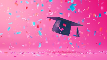 graduation cap and explosion of bright confetti for celebrating receiving academic degree or diploma on pink background