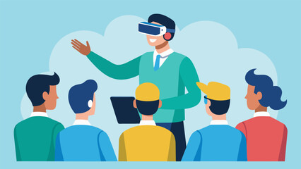 A trainer demonstrating the use of a virtual reality headset to a group of curious employees highlighting the importance of staying updated - obrazy, fototapety, plakaty