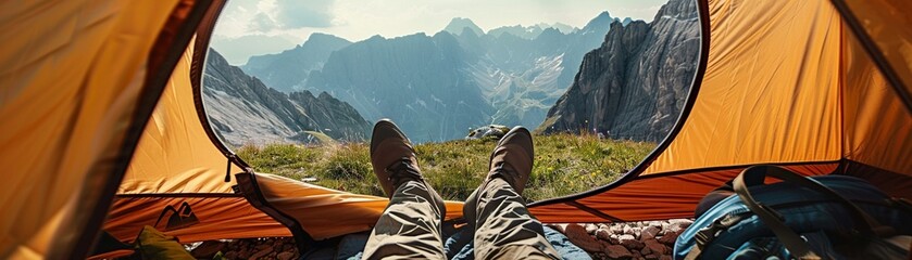 A hiker relaxes inside a tent feet stretched out towards a breathtaking view of mountains