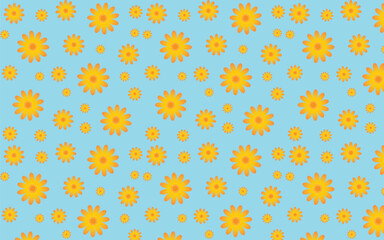 orange daisies flower on blue background seamless pattern