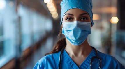 A healthcare worker in blue scrubs and a surgical mask looks confidently at the camera - obrazy, fototapety, plakaty