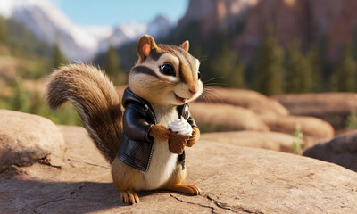 A cute, anthropomorphized chipmunk in a leather jacket holding an ice cream cone. - obrazy, fototapety, plakaty