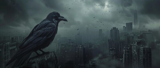 A raven perches in the foreground of a dystopian cityscape under a dim sky - obrazy, fototapety, plakaty