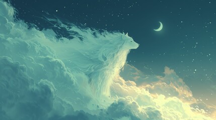 A white wolf in the clouds with a crescent moon above, AI