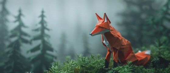 A solitary paper origami fox in a serene foggy