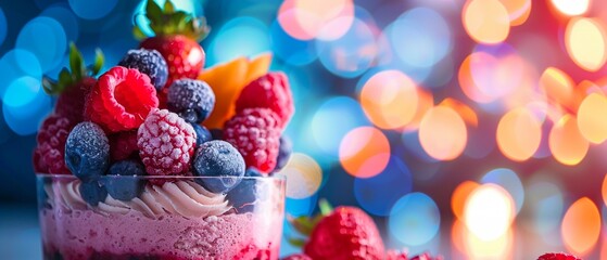 A vibrant and colorful frozen dessert topped with fresh fruits