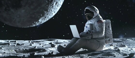 Fototapeta premium An astronaut sitting on the lunar surface with a laptop