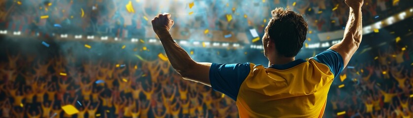 An ecstatic soccer player celebrates a victory with fists clenched in a stadium filled with fans.