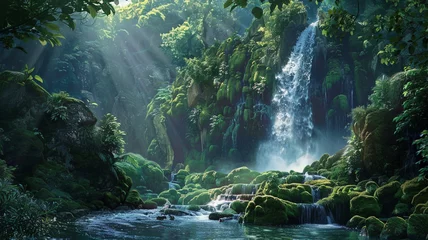 Fotobehang Majestic waterfall surrounded by lush greenery and moss-covered rocks. © CREATER CENTER