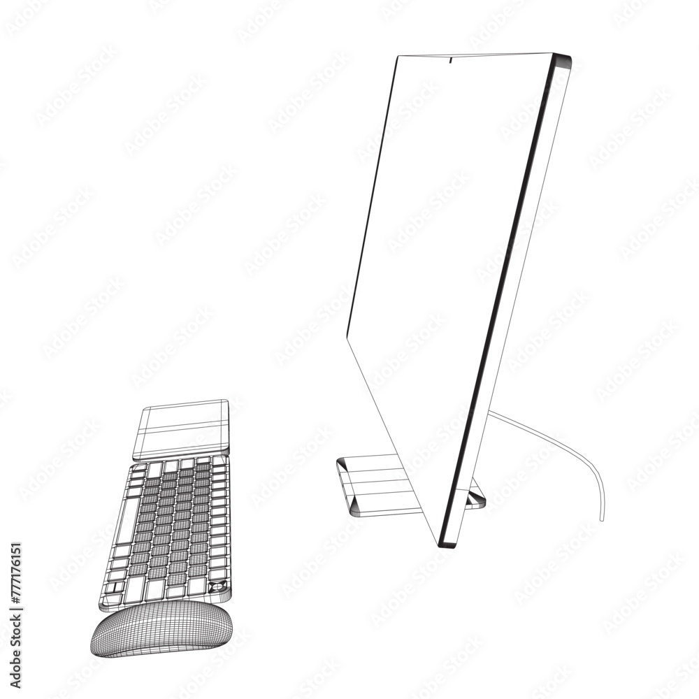 Poster monitor pc mockup. wireframe thin frame monitor or pc with mouse and keyboard isolated on white back