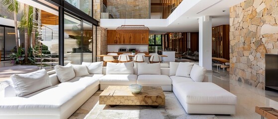 Fototapeta na wymiar Bright living room with a large white sofa natural light