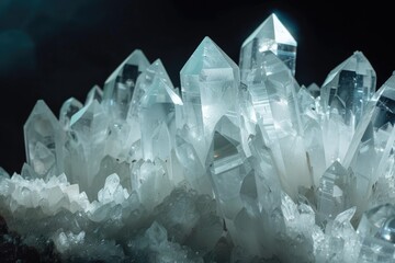 Rare white Quartz Crystal cluster isolated on black background.