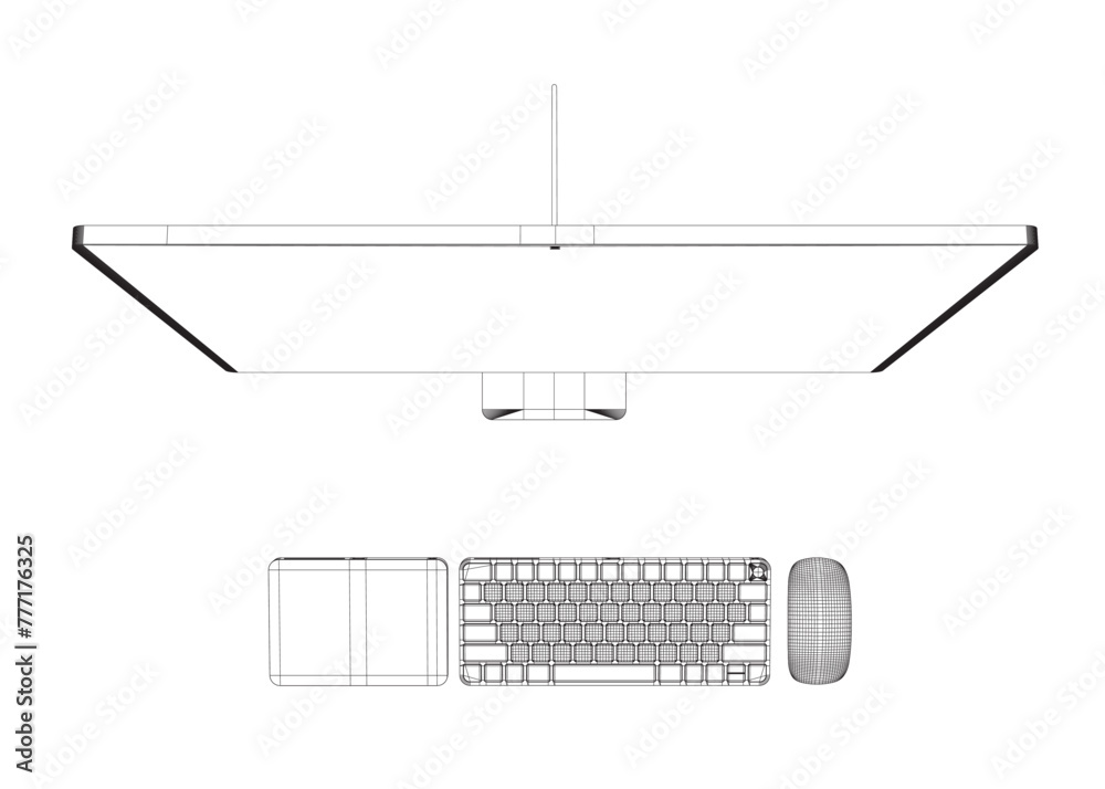 Poster monitor pc mockup. wireframe thin frame monitor or pc with mouse and keyboard isolated on white back