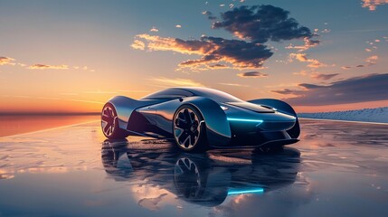 Futuristic blue concept sports car showcasing a sleek design and aerodynamics at sunset. - obrazy, fototapety, plakaty