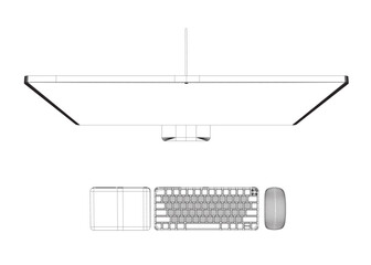 Monitor PC mockup. Wireframe thin frame monitor or PC with mouse and keyboard isolated on white background. Wireframe for web site, presentation. Vector monitor, keyboard, computer mouse. 3D.